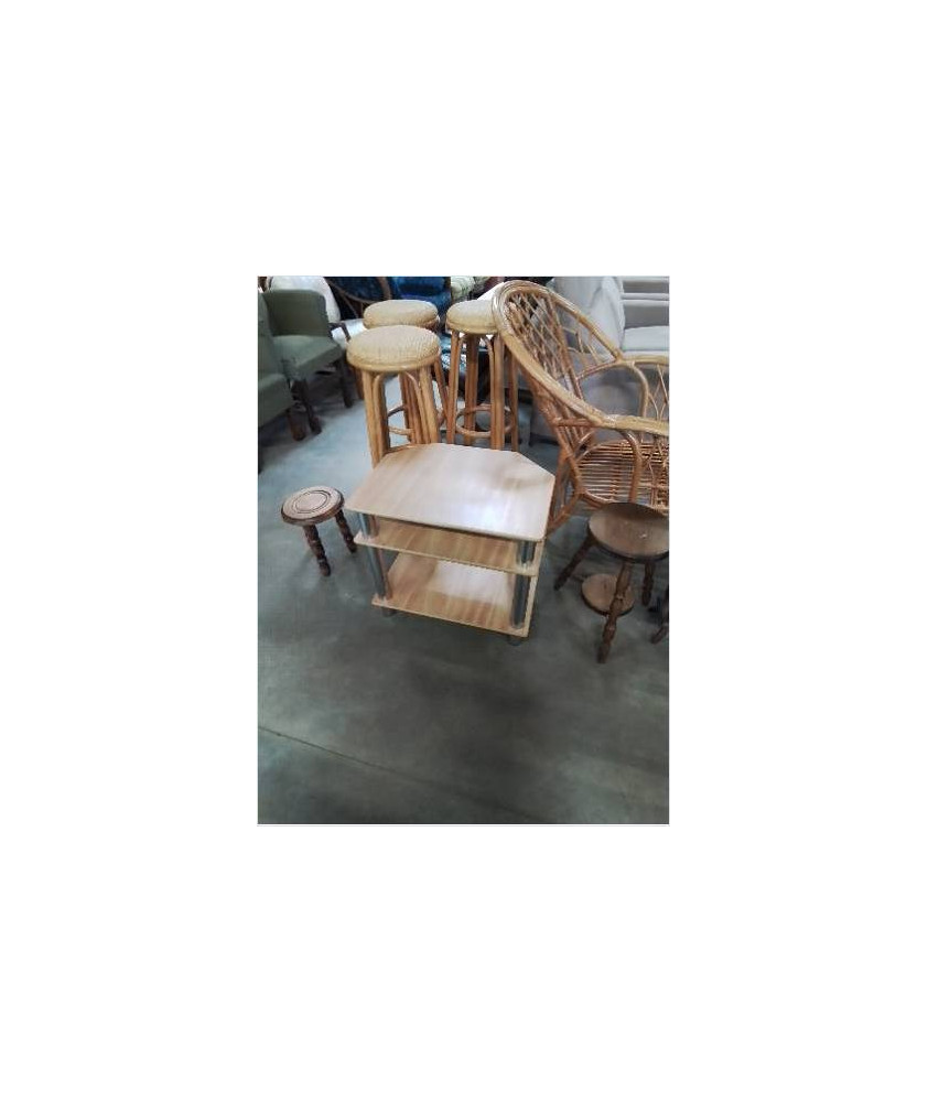 MEUBLE TV A COLONNES MÉTAL CHROMÉ 3 TABLETTES BOIS CLAIR