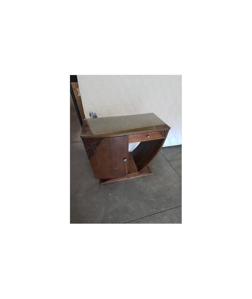 CONSOLE BOIS GRAVÉ 1 TIROIR 1 PORTE DESSUS PLATEAU VERRE ART DÉCO CONSOLE BOIS GRAVÉ 1 TIROIR 1 PORTE DESSUS PLATEAU VERRE ART DÉCO