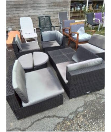 SALON DE JARDIN RÉSINE TRESSÉE NOIR AVEC COUSSINS VIDAL XL 8 PIÈCES 