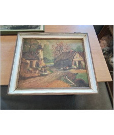 HUILE SUR PANNEAU COUR DE FERME 