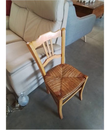 CHAISE BOIS CLAIR PAILLÉ BICOLORE DOSSIER 3 BARREAUX VERTICAUX 