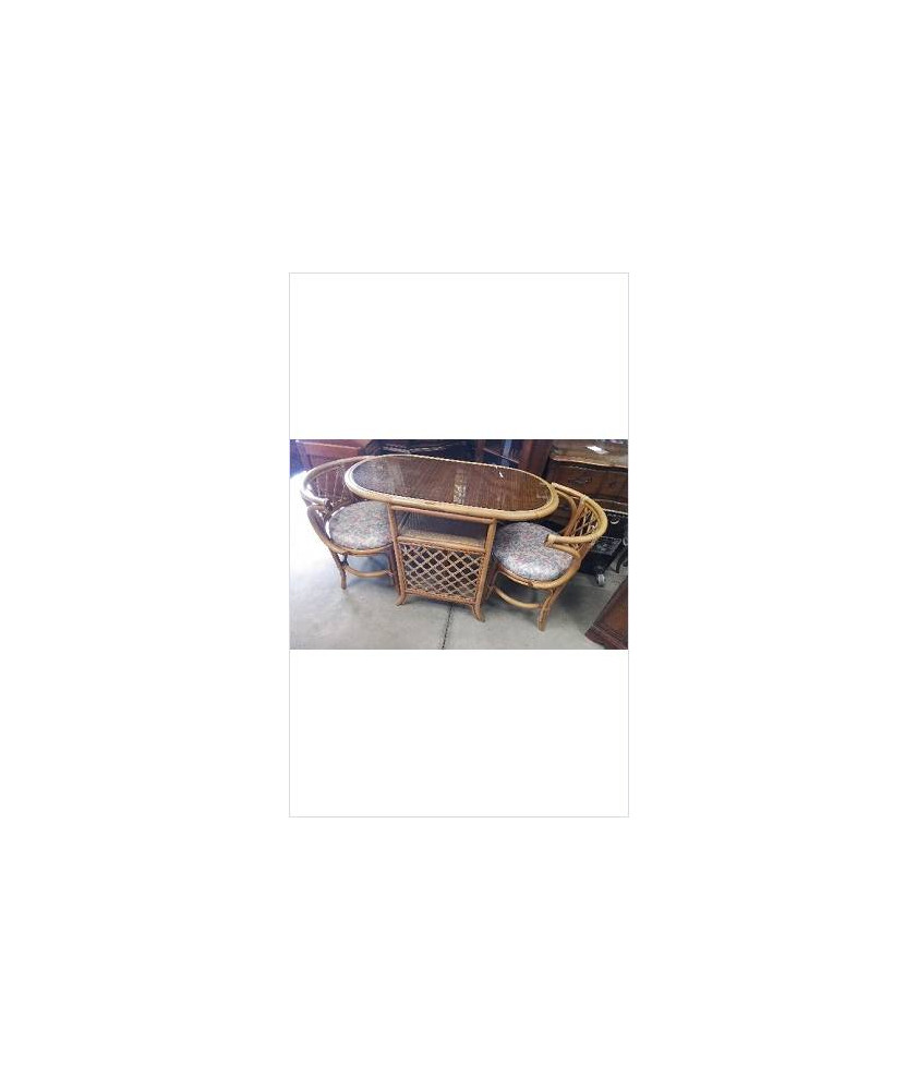 TABLE DESSUS VERRE FUME + 2 FAUTEUILS ROTIN