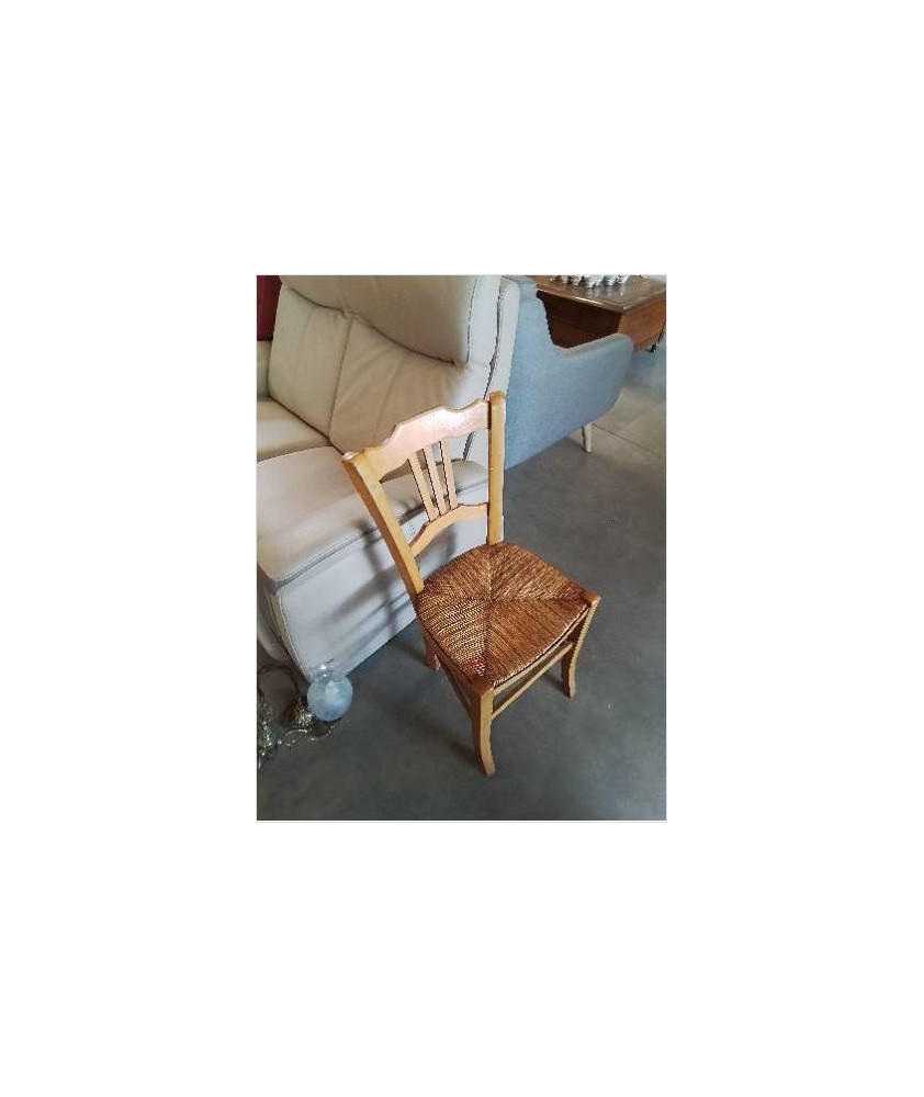 CHAISE BOIS CLAIR PAILLÉ BICOLORE DOSSIER 3 BARREAUX VERTICAUX 