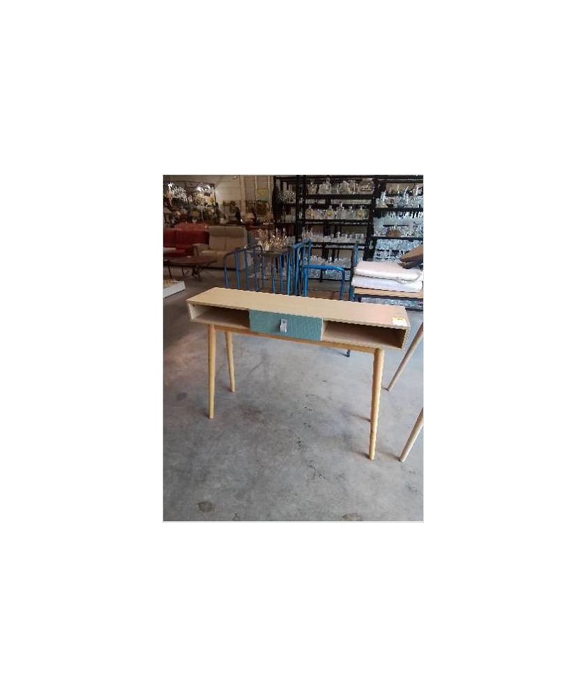 CONSOLE RECTANGULAIRE BOIS CLAIR 2 NICHES 1 TIROIR BLEU PIEDS COMPAS CONSOLE RECTANGULAIRE BOIS CLAIR 2 NICHES 1 TIROIR BLEU PIEDS COMPAS