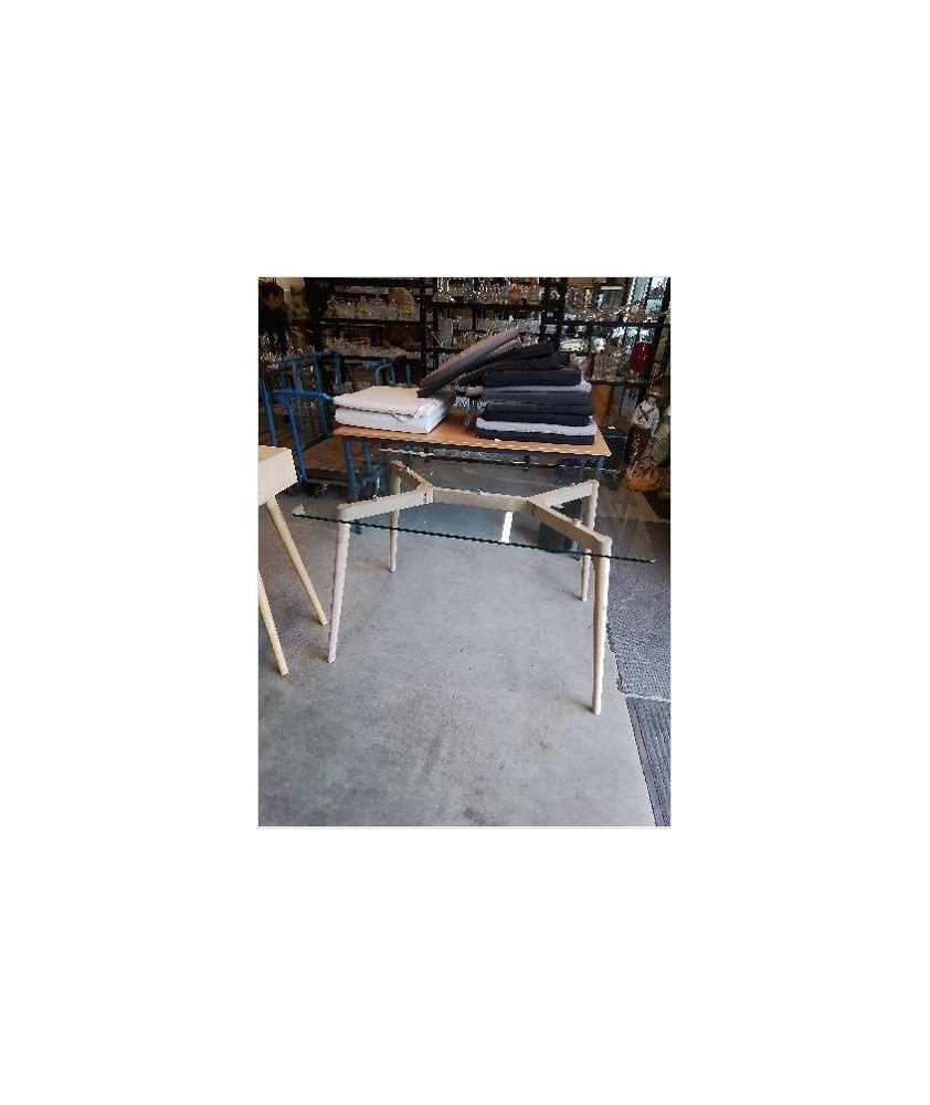 TABLE RECTANGULAIRE PIÈTEMENT COMPAS BOIS CLAIR PLATEAU VERRE 120X80X76CM TABLE RECTANGULAIRE PIÈTEMENT COMPAS BOIS CLAIR PLATEAU VERRE 120X80X76CM