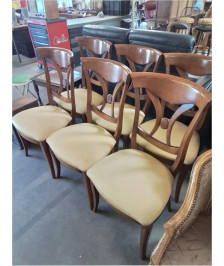 6 CHAISES BOIS CLAIR DOSSIER CINTRÉ A BARREAUX VERTICAUX ASSISE TISSU JAUNE EN L\'ÉTAT 