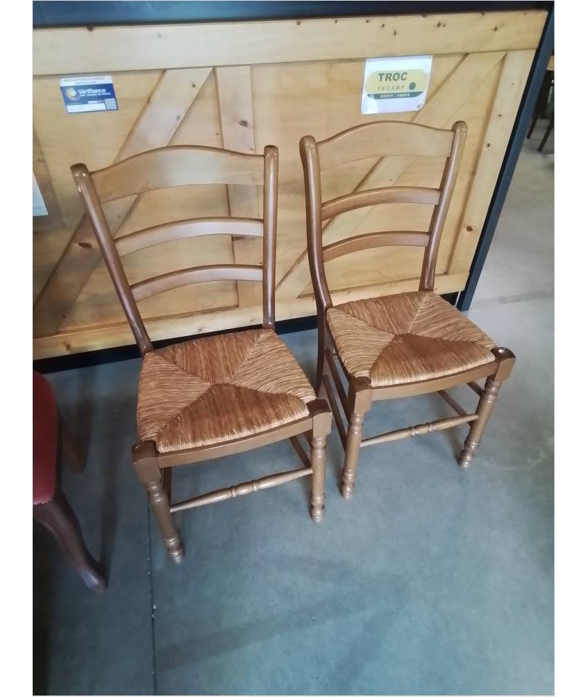 PAIRE DE CHAISES BOIS PAILLÉ DOSSIER CINTRÉ 3 BARREAUX 