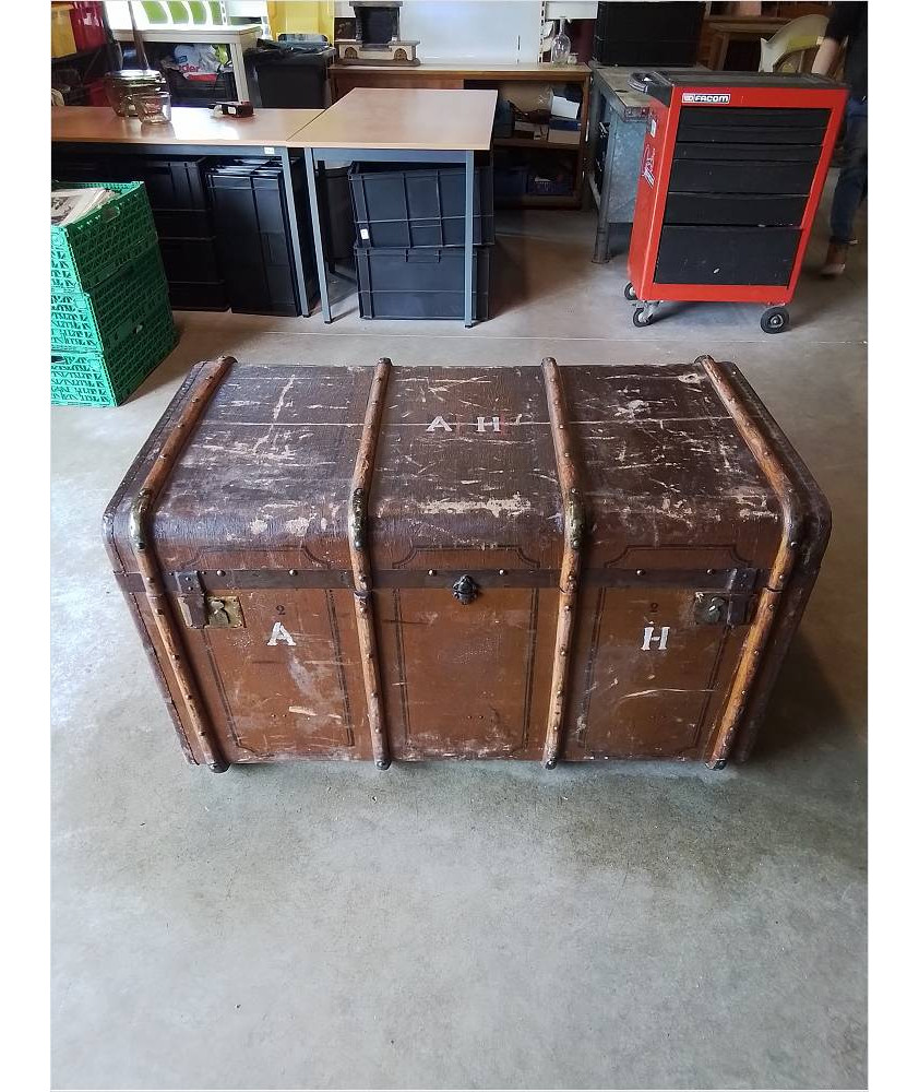 MALLE DE VOYAGE BOIS CERCLÉ GAINE DÉBUT XXE