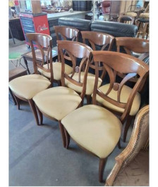 6 CHAISES BOIS CLAIR DOSSIER CINTRÉ A BARREAUX VERTICAUX ASSISE TISSU JAUNE EN L\'ÉTAT 