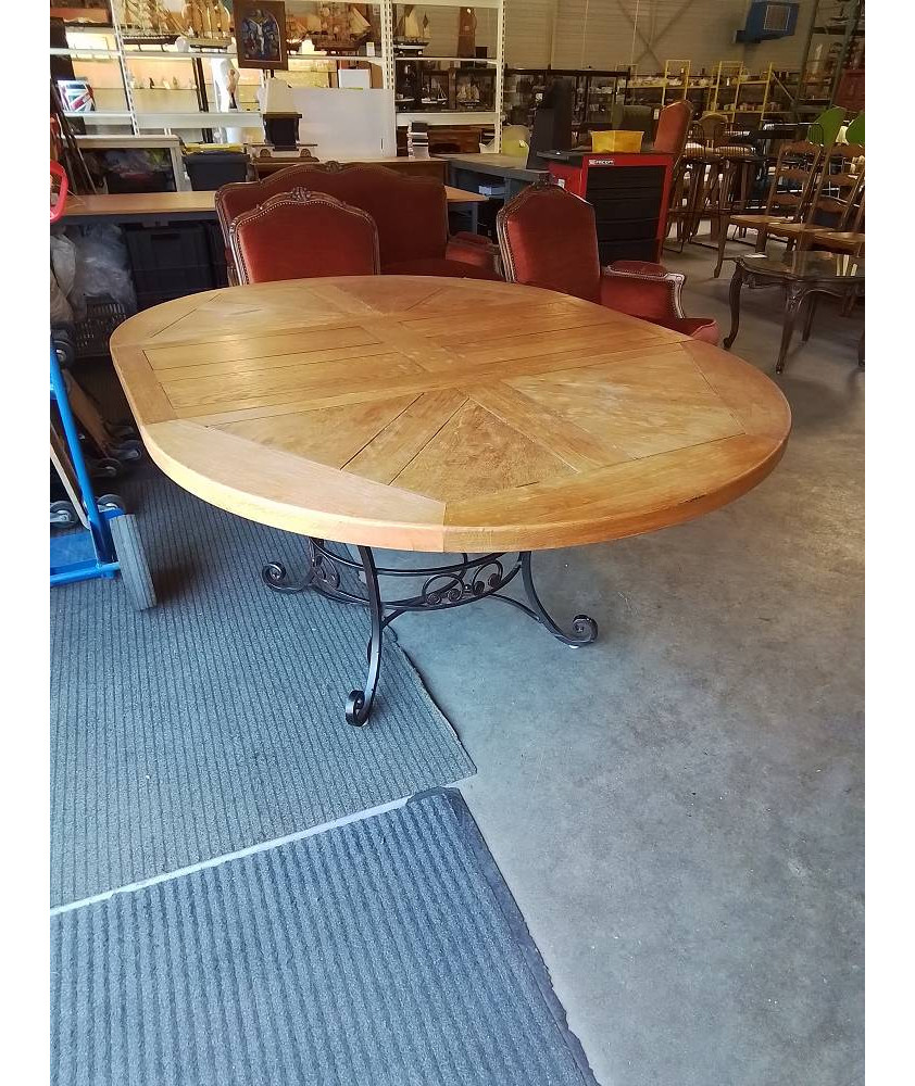TABLE RONDE EXTENSIBLE PIÈTEMENT FER FORGÉ PLATEAU CHÊNE CLAIR 120X76,5CM 1 RALLONGE 50CM TABLE RONDE EXTENSIBLE PIÈTEMENT FER FORGÉ PLATEAU CHÊNE CLAIR 120X76,5CM 1 RALLONGE 50CM