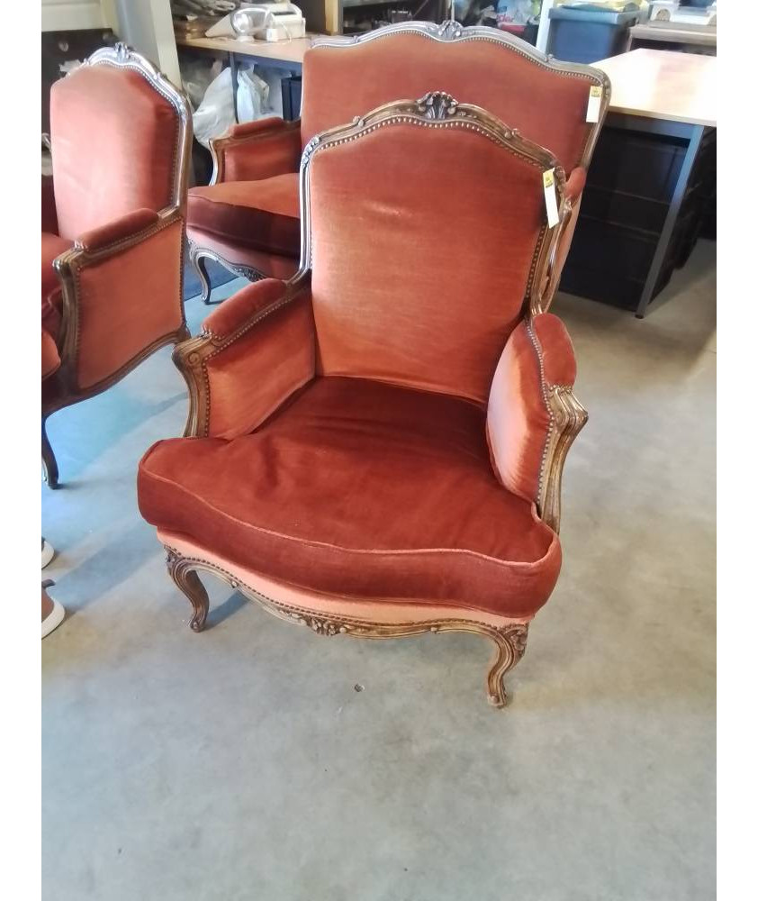 BERGÈRE BOIS CAPITONNÉ VELOURS ORANGÉ STYLE REGENCE
