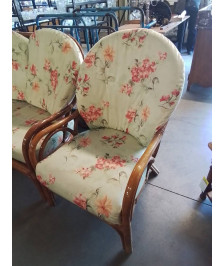 FAUTEUIL ROTIN COUSSINS ASSISE ET DOSSIER TISSU VERT FLEURI 