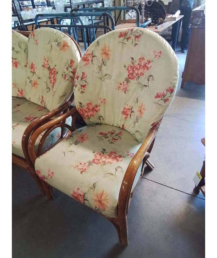 FAUTEUIL ROTIN COUSSINS ASSISE ET DOSSIER TISSU VERT FLEURI 