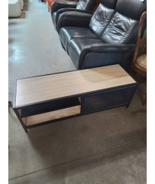 MEUBLE TV BAS PIÈTEMENT MÉTAL NOIR PLATEAUX BOIS CLAIR 1 PORTE COULISSANTE 2 NICHES
