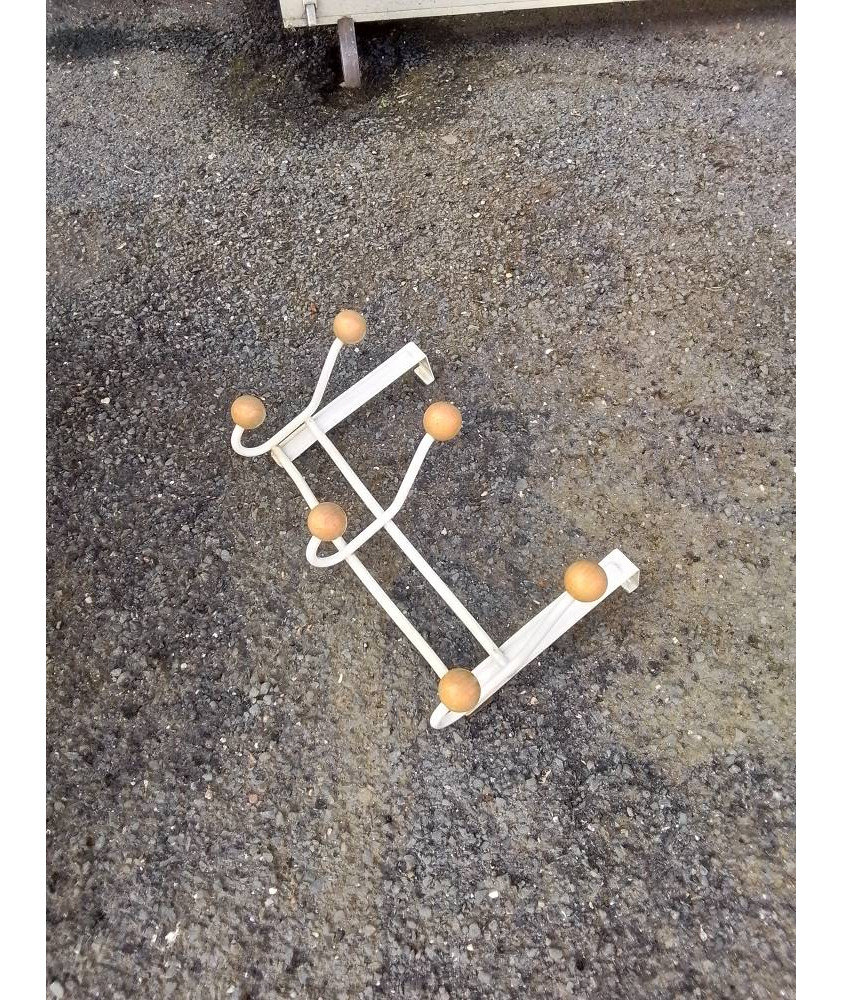 PORTE MANTEAU DE PORTE MÉTAL BLANC 6 PATÈRES BOULES BOIS CLAIR 