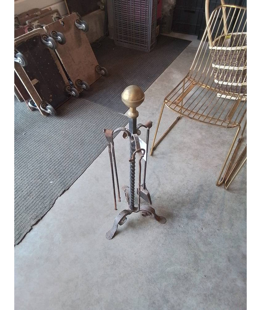 SERVITEUR DE CHEMINÉE FER FORGÉ BOULE LAITON 4 PIÈCES