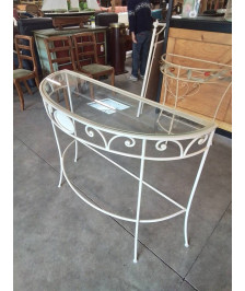 CONSOLE DEMI LUNE FER FORGÉ BLANC PLATEAU VERRE