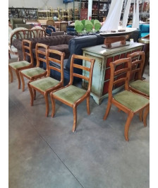 6 CHAISES BOIS CLAIR ASSISE CAPITONNÉ TISSU VERT