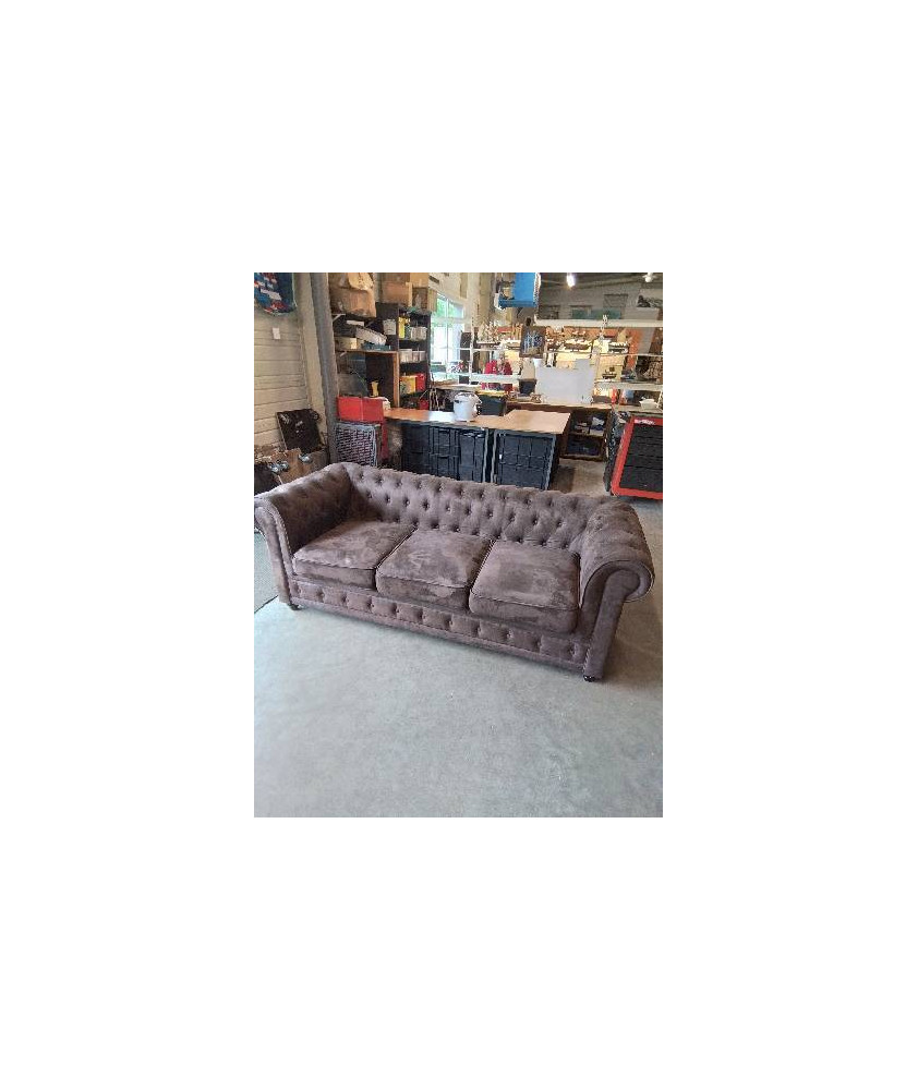 CANAPÉ 3 PLACES TISSU CHOCOLAT PIEDS BOIS NOIR STYLE CHESTERFIELD