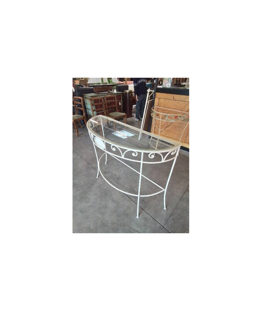 CONSOLE DEMI LUNE FER FORGÉ BLANC PLATEAU VERRE