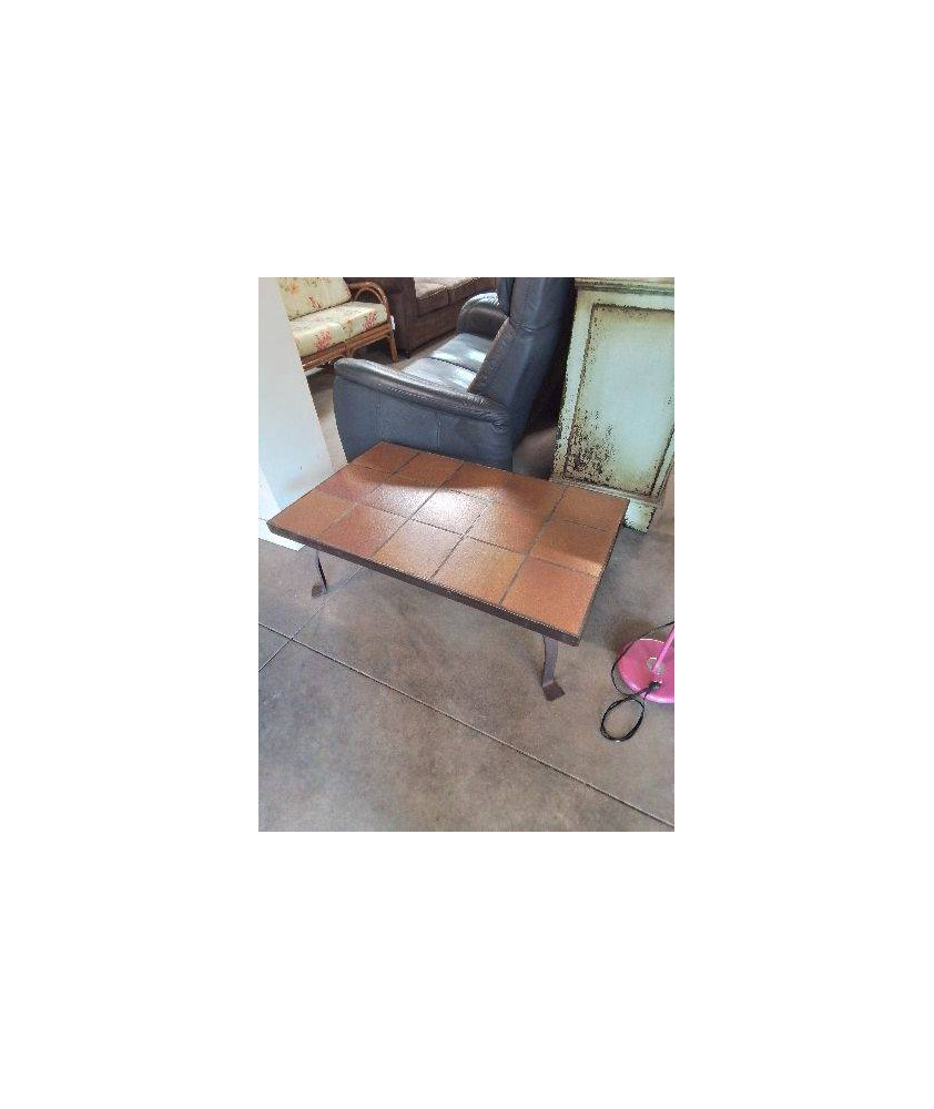 TABLE BASSE RECTANGULAIRE PIÈTEMENT FER FORGÉ PLATEAU CARRELÉ ANNÉES 50