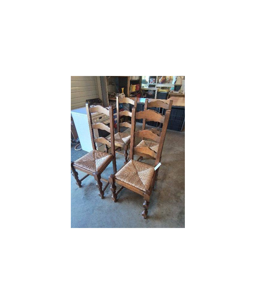 6 CHAISES BOIS PAILLÉ A ENTRETOISE PIEDS BALUSTRE HAUT DOSSIER 
