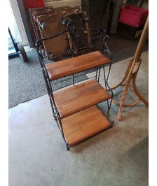 ÉTAGÈRE FER FORGÉ NOIR 3 TABLETTES BOIS CLAIR