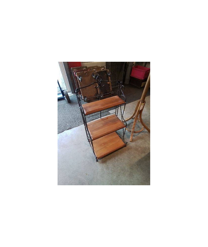 ÉTAGÈRE FER FORGÉ NOIR 3 TABLETTES BOIS CLAIR