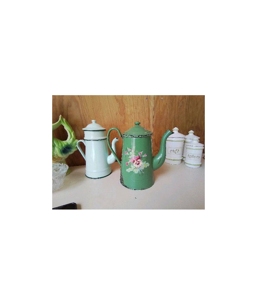 CAFETIÈRE EN TÔLE ÉMAILLÉE ANCIENNE MOTIF FLORAL