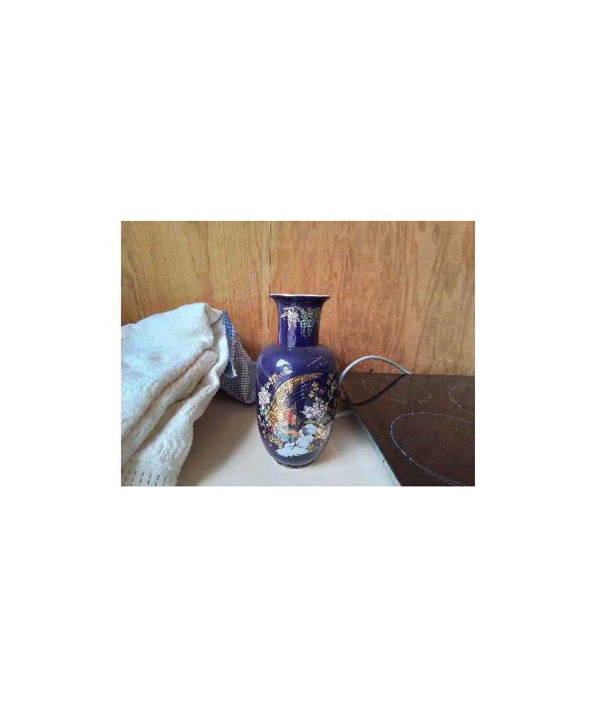 VASE BLEU STYLE ASIATIQUE DECOR OISEAUX 