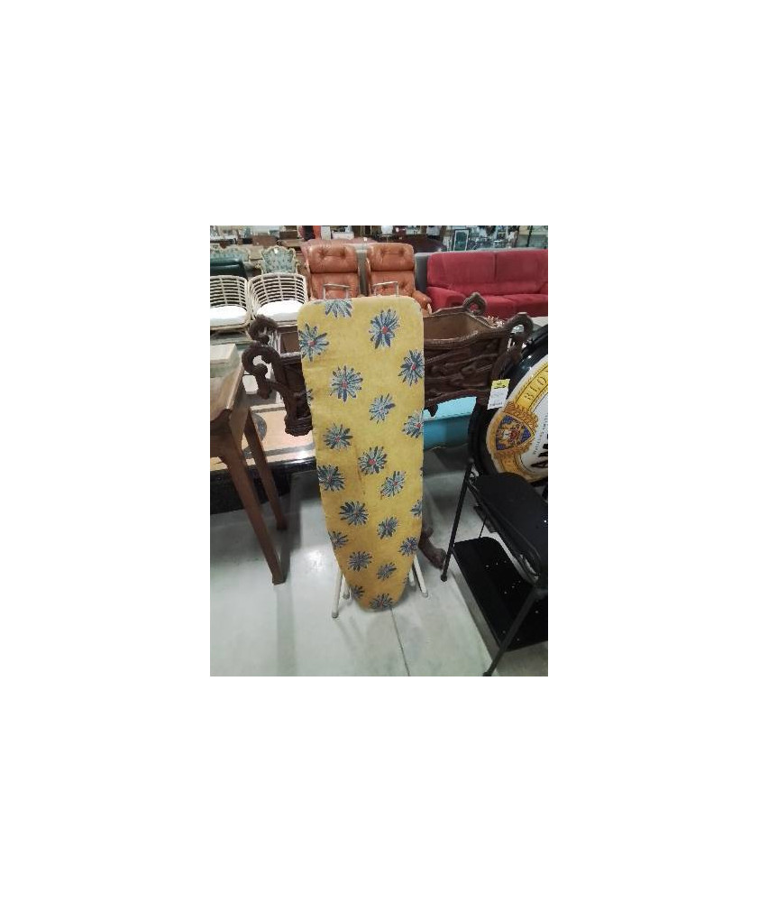PLANCHE A REPASSER MÉTAL BLANC TISSU JAUNE A FLEURS BLEU
