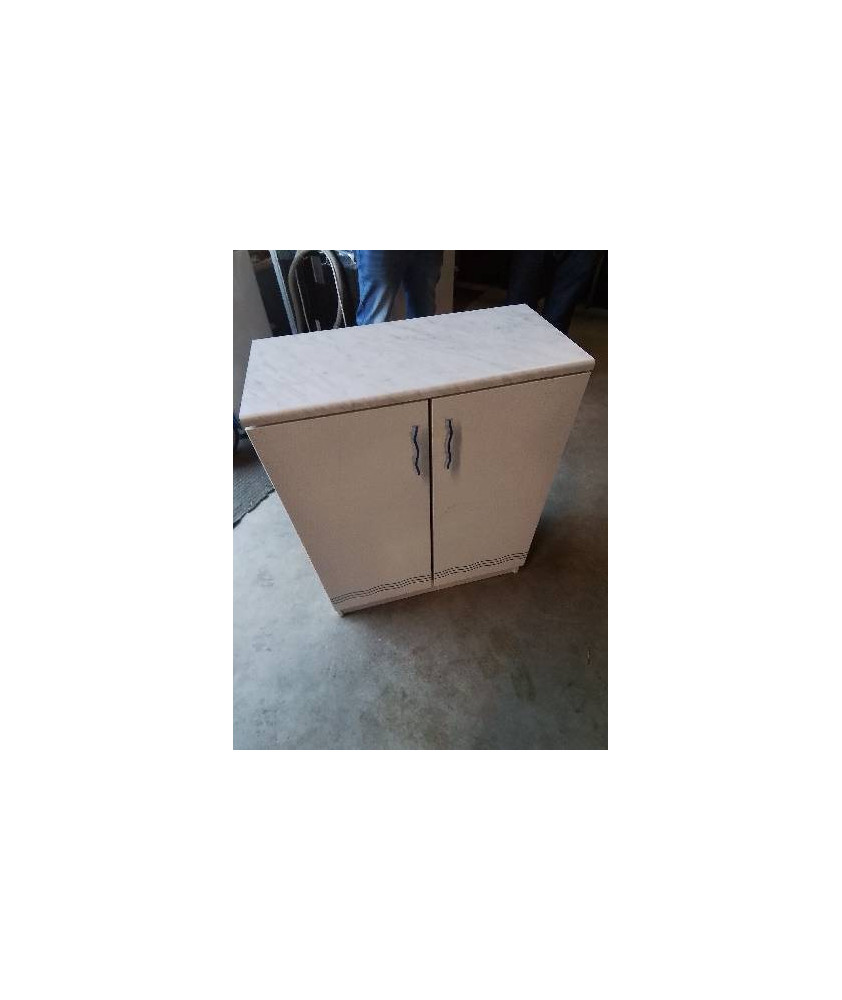 MEUBLE DE SALLE DE BAIN BOIS BLANC LISERÉ BLEU 2 PORTES 