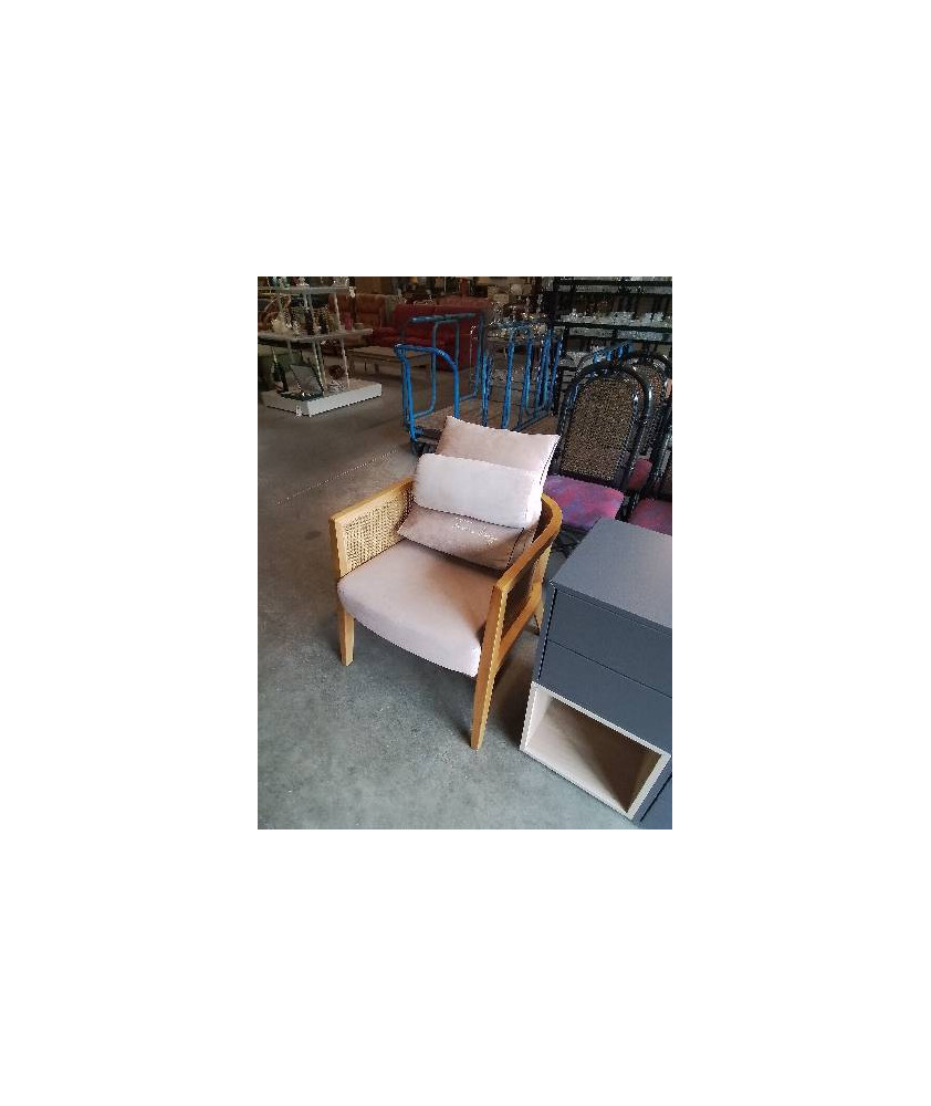 FAUTEUIL BOIS CLAIR CANNÉ ASSISE TISSU ROSÉ ATMOSPHÈRA 