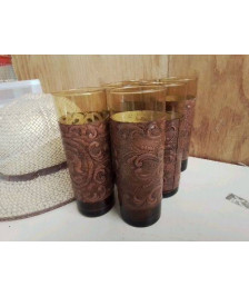 LOT DE 6 VERRES A JUS DECOR DE CUIR