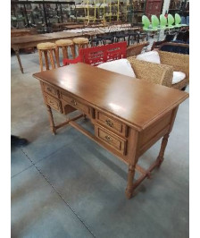 BUREAU CHENE CLAIR MOULURÉ A ENTRETOISE  STYLE RÉGENCE 5 TIROIRS BOIS