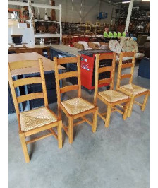 4 CHAISES BOIS CLAIR PAILLÉ A ENTRETOISE DOSSIER 3 BARREAUX