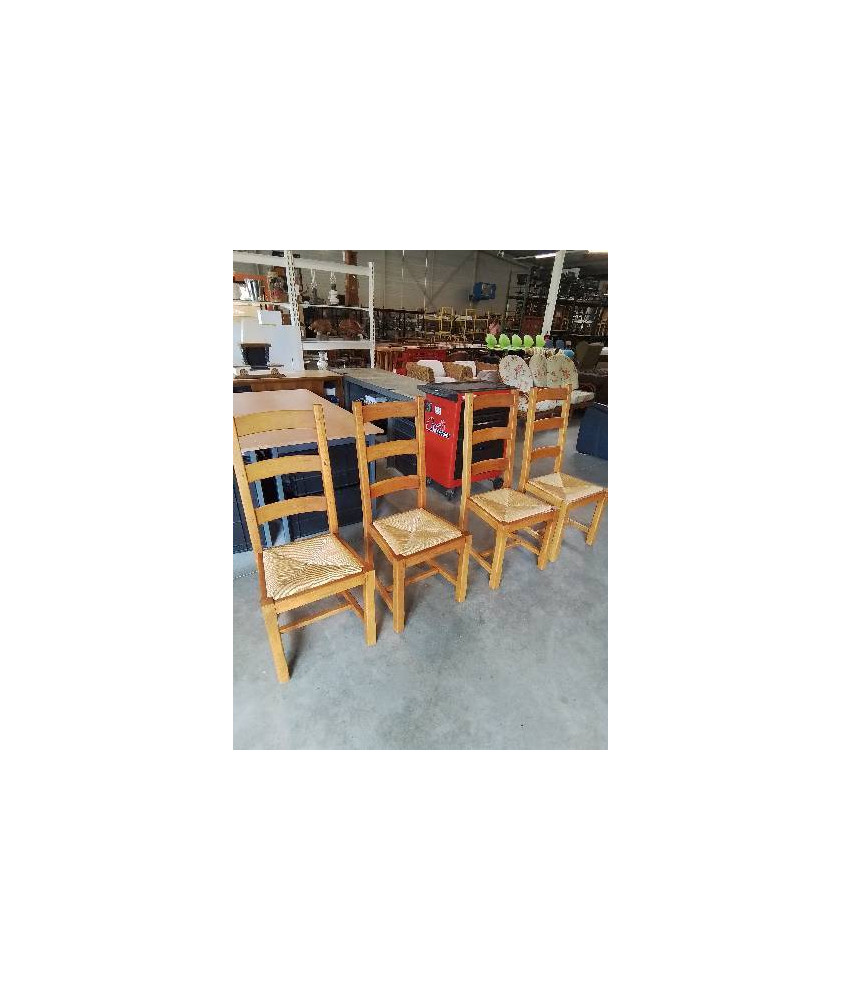 4 CHAISES BOIS CLAIR PAILLÉ A ENTRETOISE DOSSIER 3 BARREAUX
