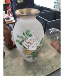 VASE VERRE GIVRÉ ÉMAILLÉ AUX ROSES ANNÉES 50