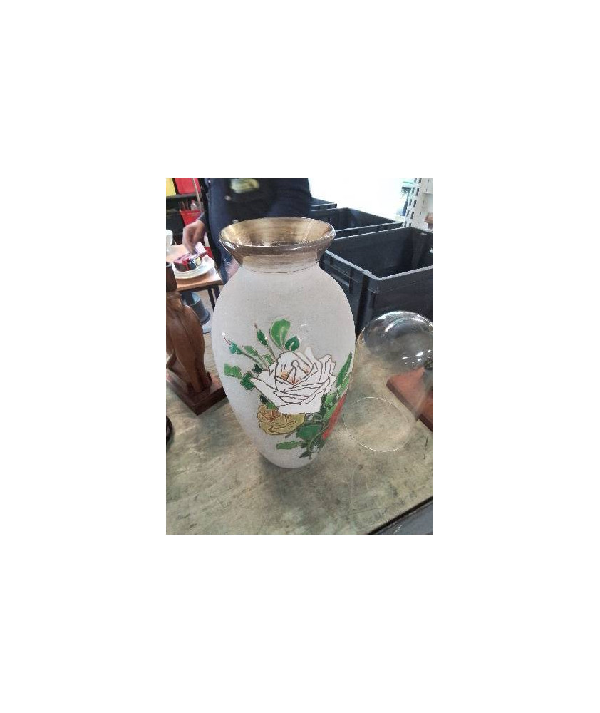 VASE VERRE GIVRÉ ÉMAILLÉ AUX ROSES ANNÉES 50