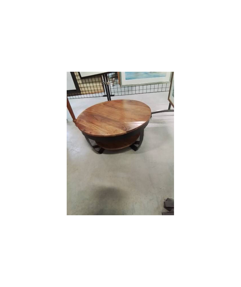 TABLE BASSE RONDE FER FORGÉ ET BOIS 2 NIVEAUX 