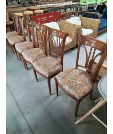 6 CHAISES BOIS DOSSIER BARREAUX VERTICAUX ASSISE  TISSU COLORÉ 