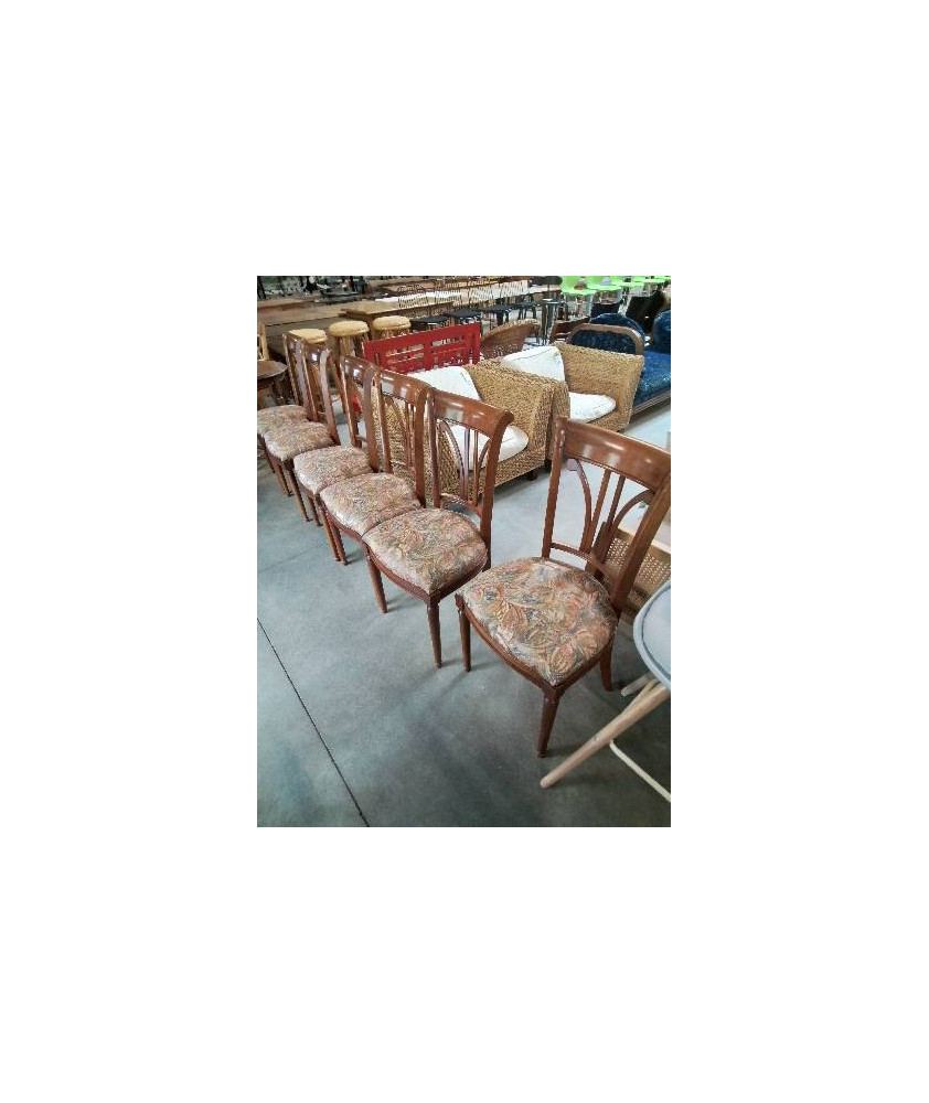 6 CHAISES BOIS DOSSIER BARREAUX VERTICAUX ASSISE  TISSU COLORÉ 