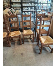 6 CHAISES BOIS PAILLÉ A ENTRETOISE DOSSIER 3 BARREAUX CHANTOURNÉ 