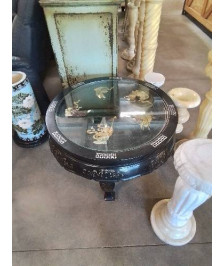 TABLE BASSE RONDE BOIS LAQUÉ NOIR DÉCO NACRE STYLE ASIATIQUE 