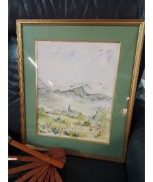 AQUARELLE EGLISE PRES DE LA MONTAGNE M.POINT LACOUX