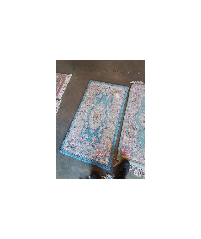 TAPIS LAINE FAIG MAIN BLEU ROSE ECRU 128X70CM