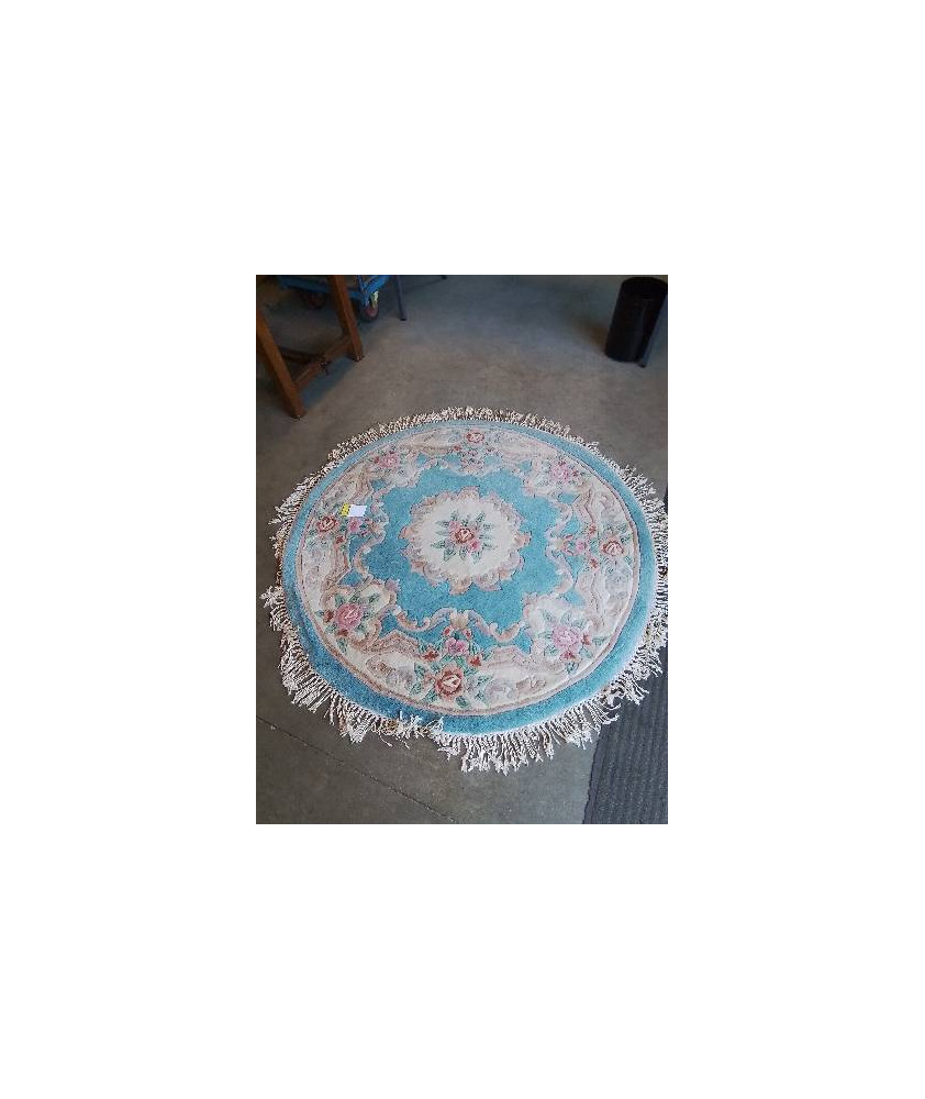 TAPIS ROND LAINE FAIT MAIN BLEU ECRU ROSE 148CM