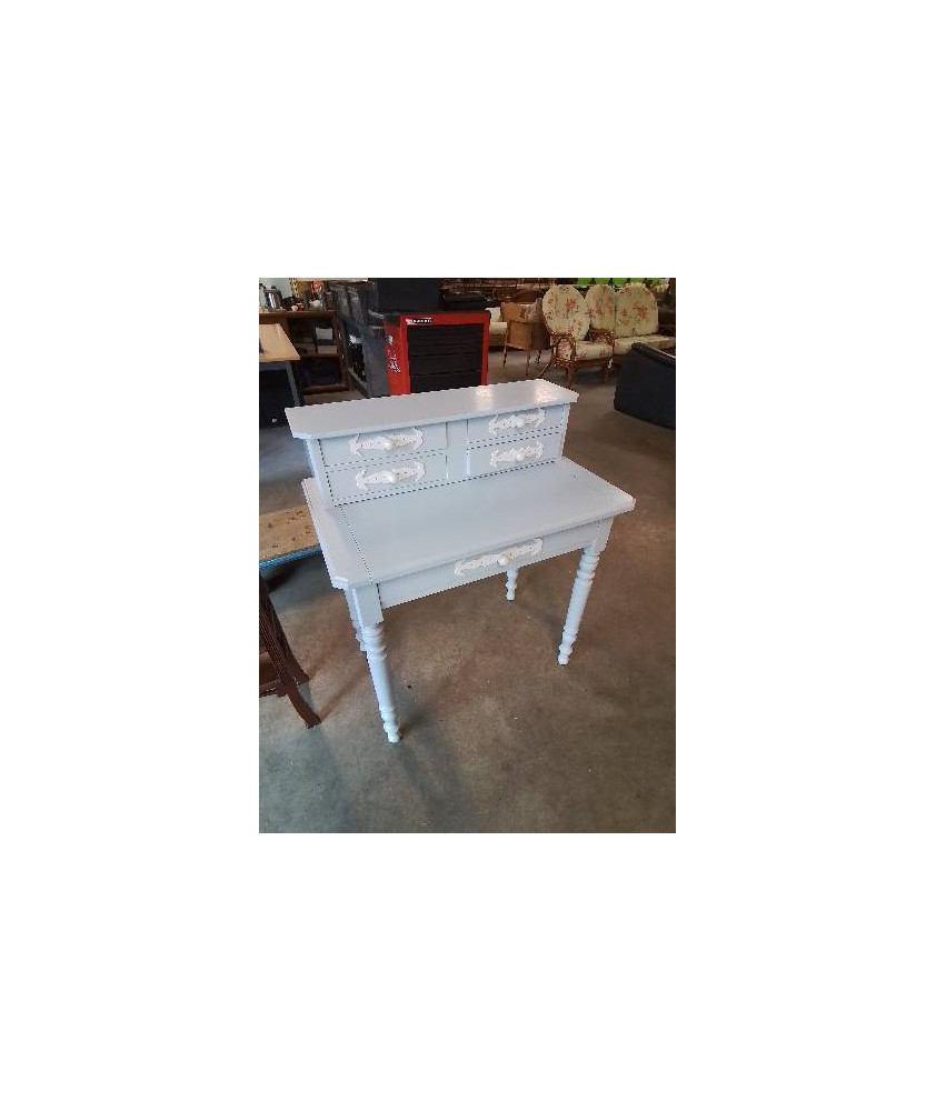 BUREAU A GRADIN BOIS PEINT BLEU 4 TIROIRS PIEDS TOURNÉS