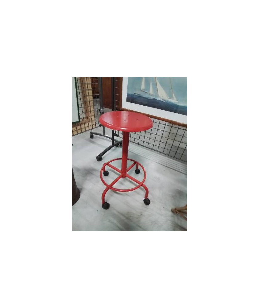 TABOURET D’ATELIER A ROULETTES MÉTAL ET BOIS ROUGE 