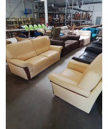 ENSEMBLE CANAPÉ 2 PLACES + FAUTEUIL BOIS ET CUIR JAUNE